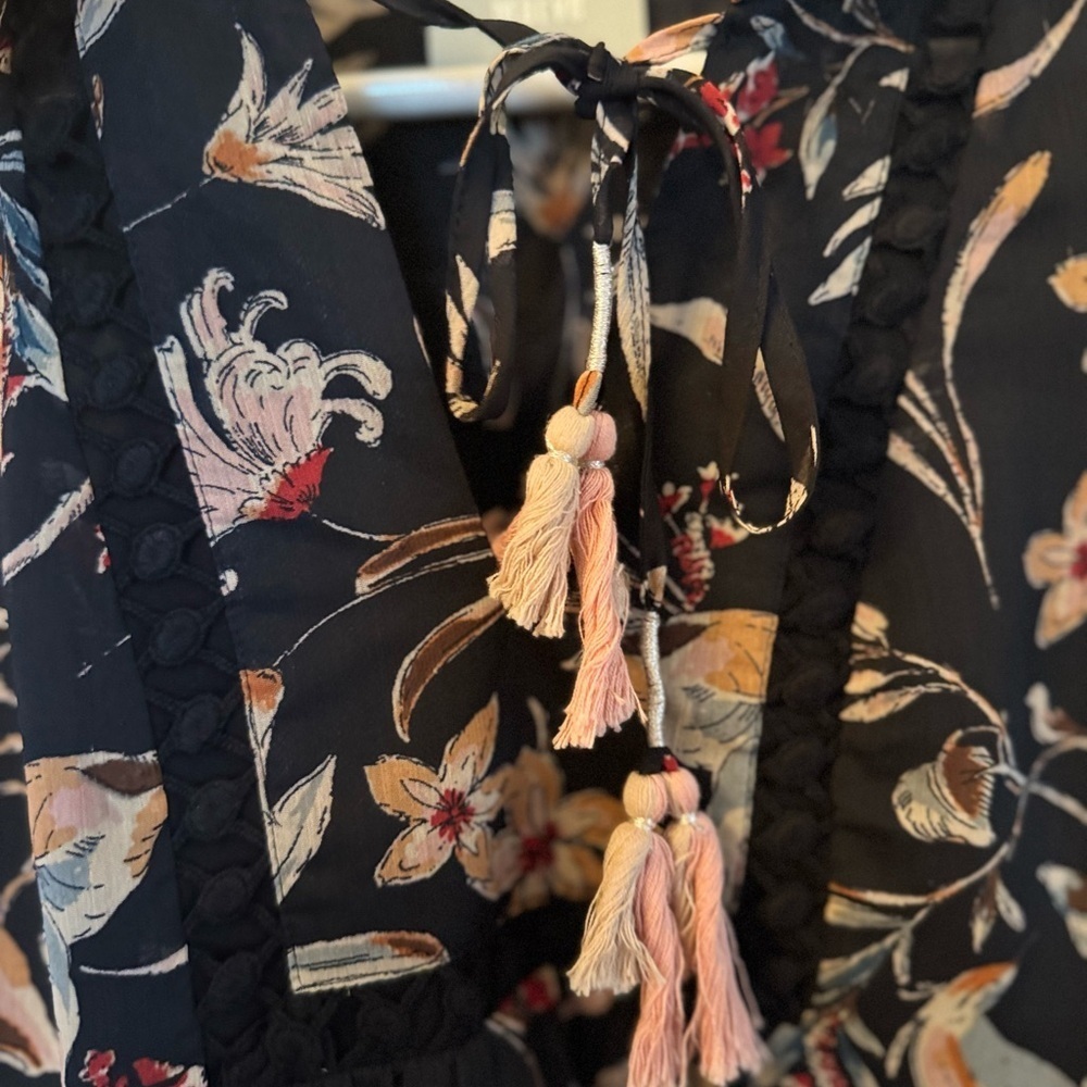 Maeve Black Blouse with Pink and Cream Floral Design bell sleeves - Picture 3 of 6
